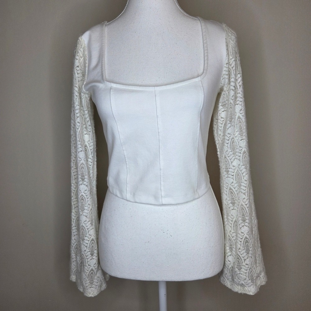 Cropped Altar'd State White Corset Style Top Lace Bell Sleeve Square Neck Medium